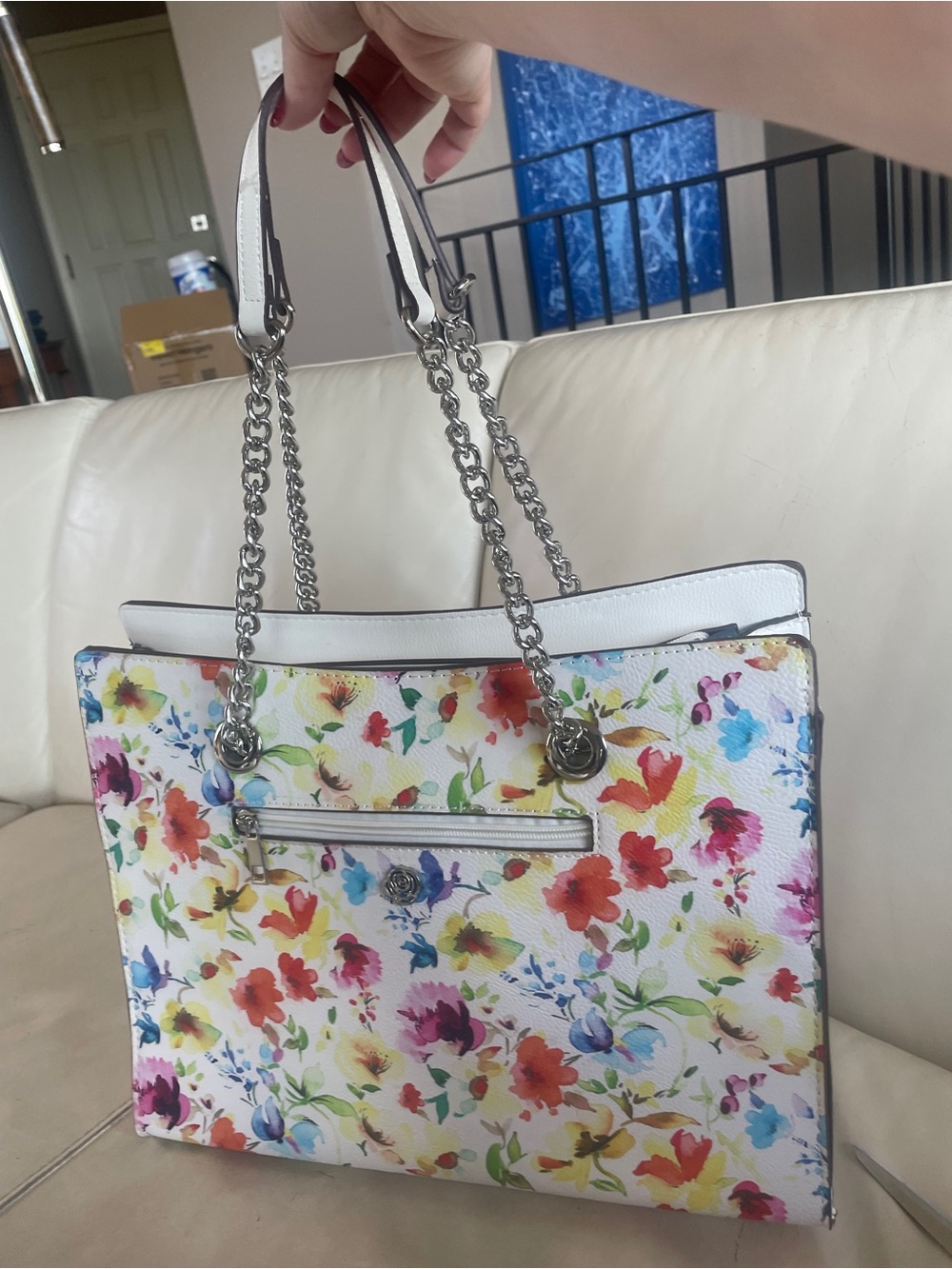 Floral Print White Tote Bag with Chain Handles